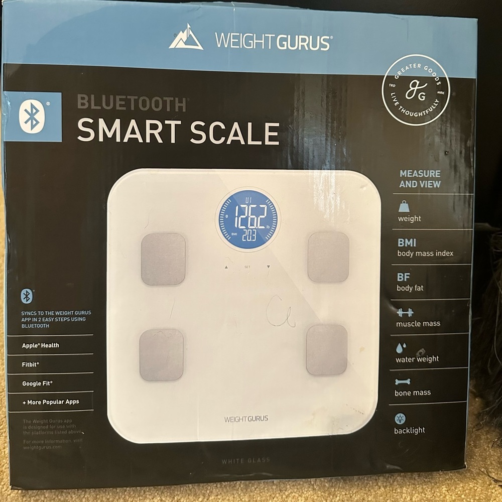 Weight gurus, Bluetooth, smart scale, white glass